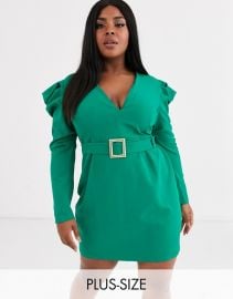 Vesper Plus deep plunge midi dress with statement shoulder in emerald green   ASOS at Asos